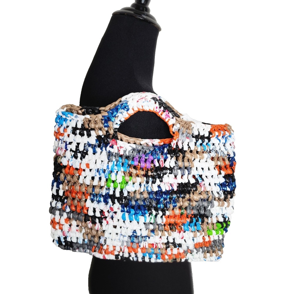 Crocheted Plastic Tote Bag Multicolored Original Handmade Unique Recycled